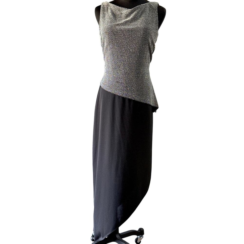 Arianna by Rachel Kaye Black Silver Asymmetrical Evening Cocktail Dress